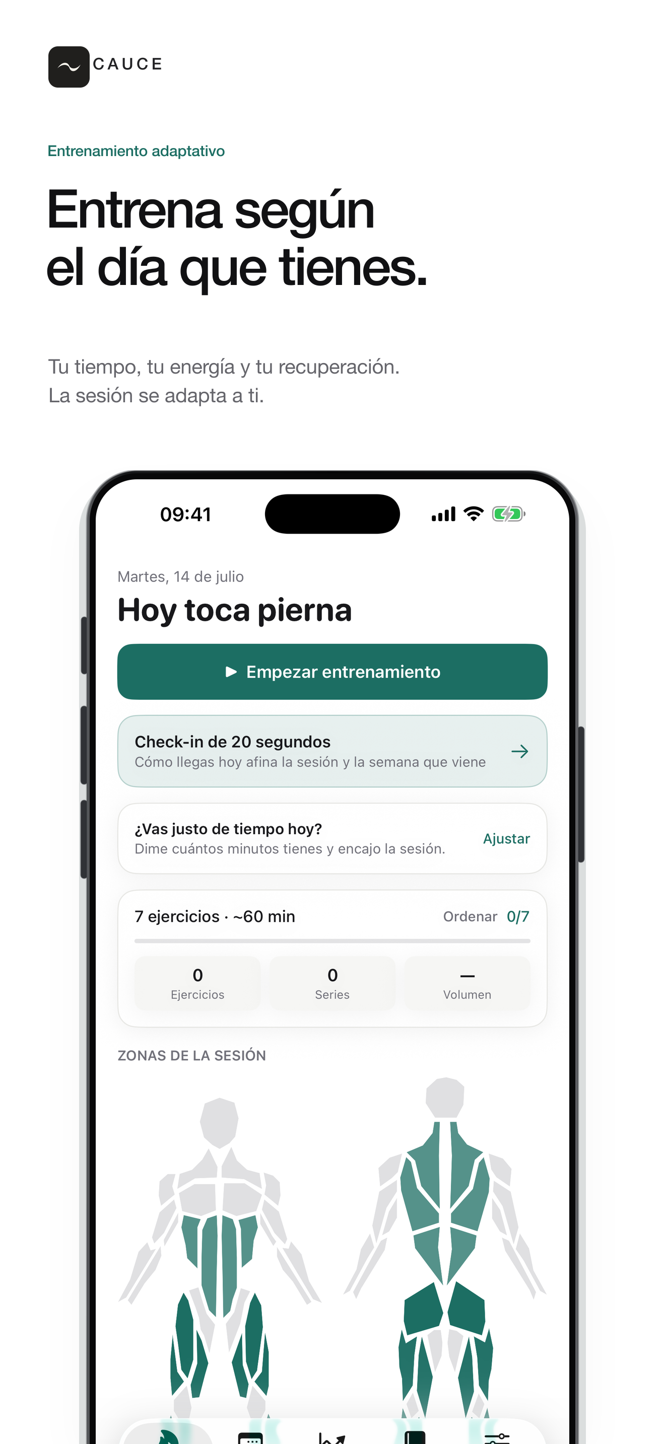 Pantalla de Cauce con una sesión adaptada al día del usuario